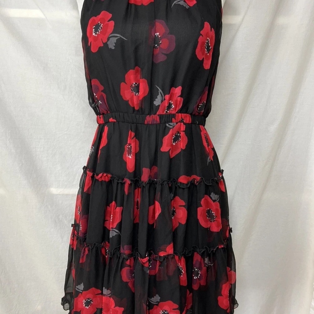 Kate Spade Poppy Silk Chiffon Fit & Flare Mini Dress Sz 2 Ruffle Floral Red